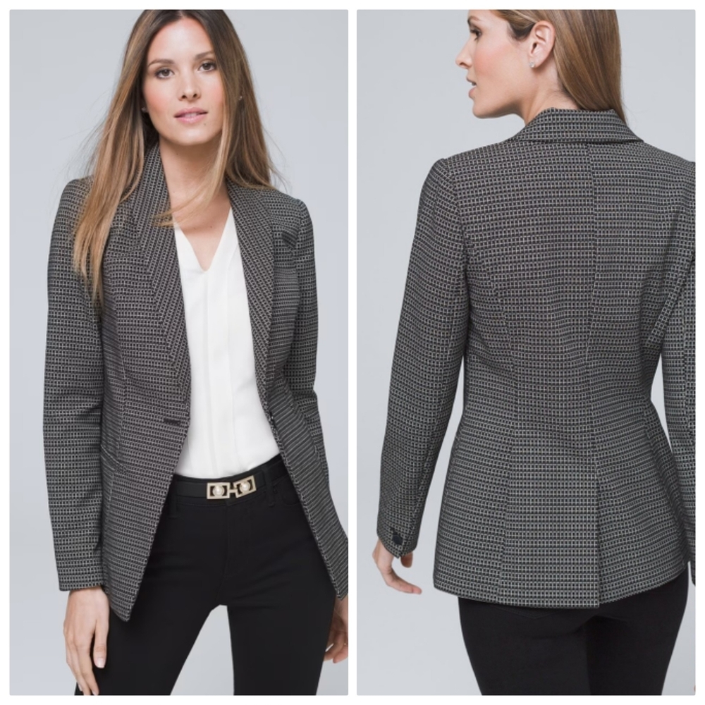 WHBM Nwot Petite Shawl Black & Ecru White Grid Longsleeve Blazer